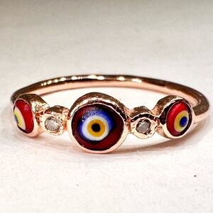 Jacquie Aiche 2 Diamond 14k Rose Gold Evil Eye Ring Band 5 JA Red Blue Ceramic